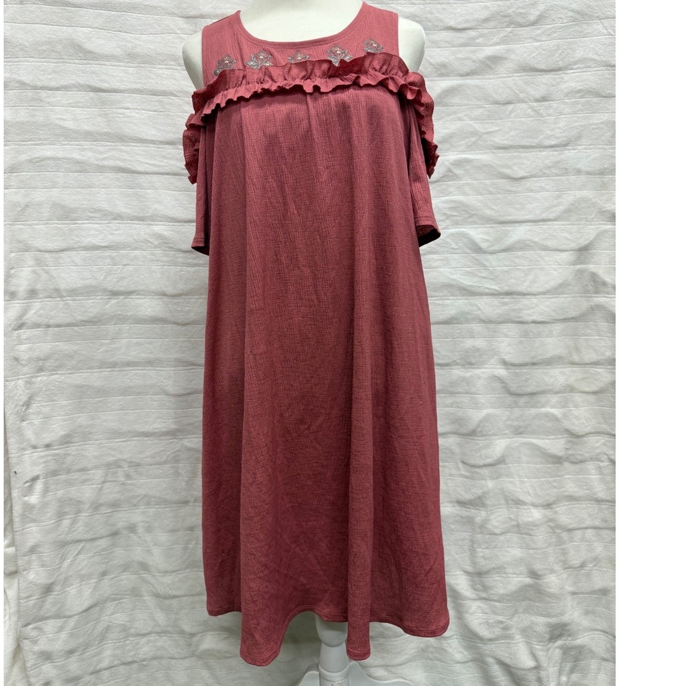 Lauren Conrad Cold Shoulder Ruffle Embroidered Dress‎ Dusty Rose Size L